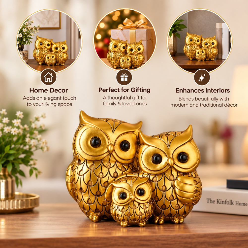 Elegant Golden Owl Family Trio – Set of 3