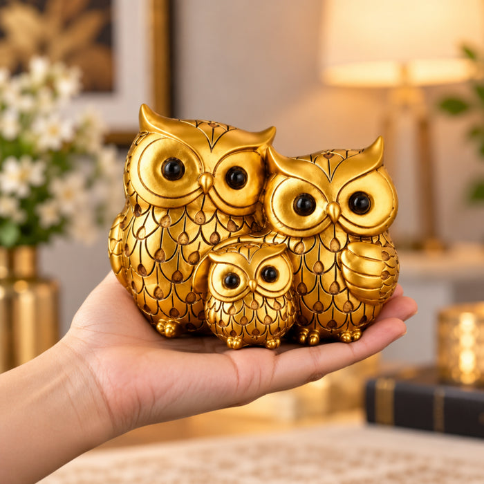Elegant Golden Owl Family Trio – Set of 3