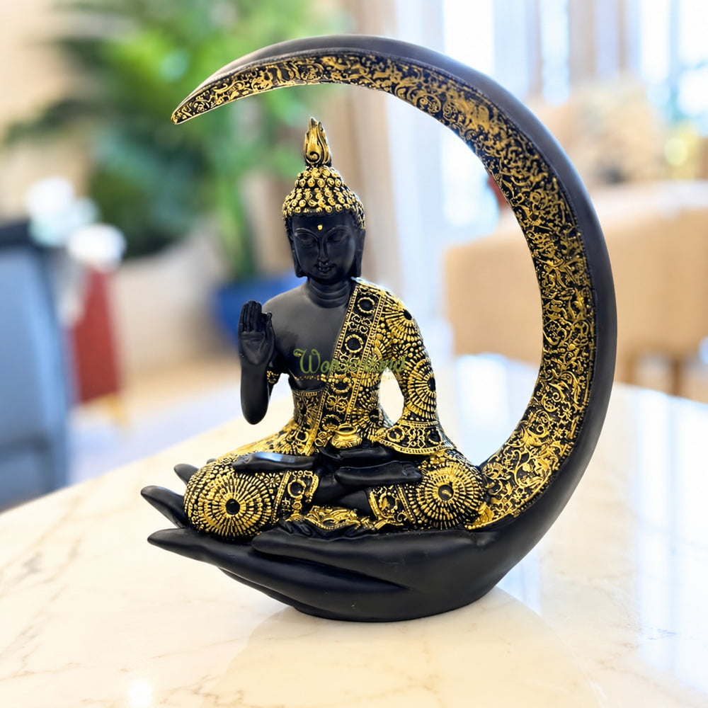 Elegant Black and Gold Meditating Buddha Idol on  Moon & Hand Base