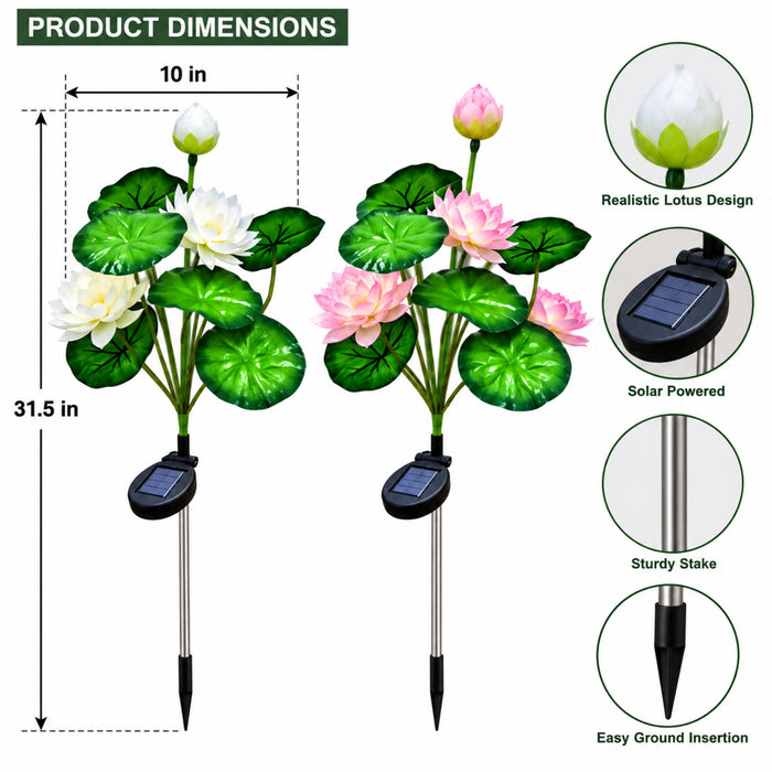 Solar Lotus Flower Garden Stakes (2-Pack) – Waterproof Outdoor Decorative LED Lights, White and Pink