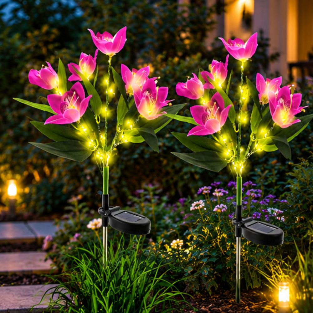 Solar-Powered Pink Lily Garden Stake Lights with Firefly Glow Effect – Waterproof LED Outdoor Pathway Decor