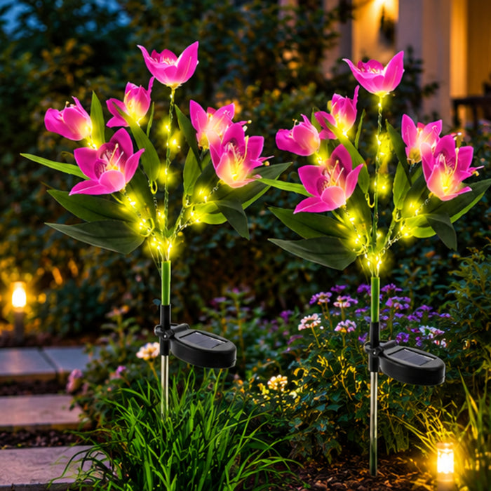 Solar-Powered Pink Lily Garden Stake Lights with Firefly Glow Effect – Waterproof LED Outdoor Pathway Decor
