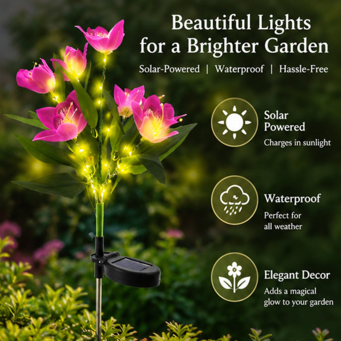 Solar-Powered Pink Lily Garden Stake Lights with Firefly Glow Effect – Waterproof LED Outdoor Pathway Decor