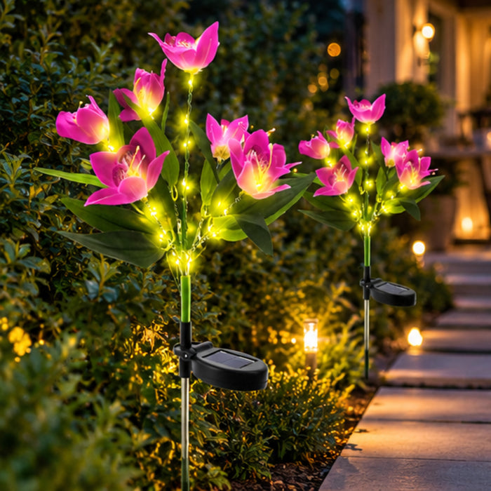 Solar-Powered Pink Lily Garden Stake Lights with Firefly Glow Effect – Waterproof LED Outdoor Pathway Decor