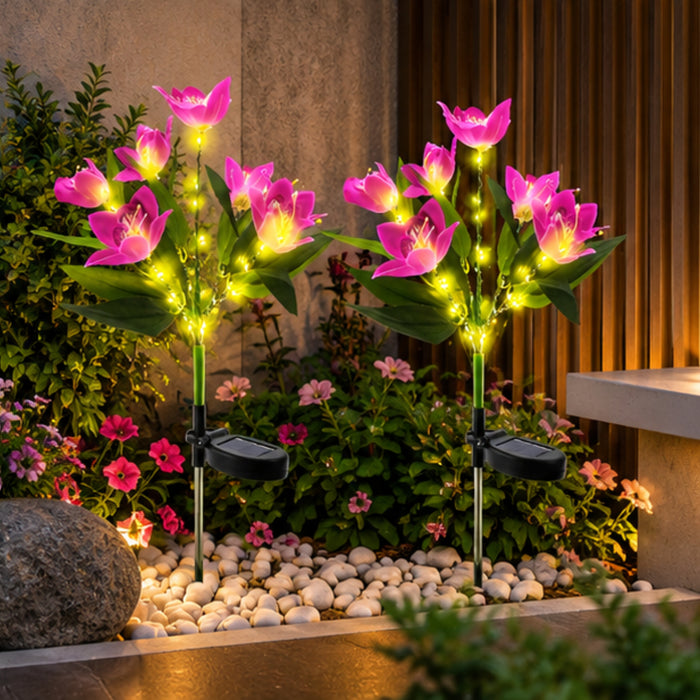 Solar-Powered Pink Lily Garden Stake Lights with Firefly Glow Effect – Waterproof LED Outdoor Pathway Decor