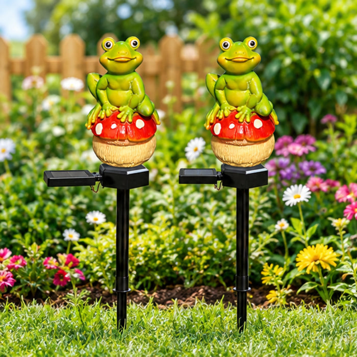Solar Powered Frog on Mushroom Garden Stakes – Set of 2