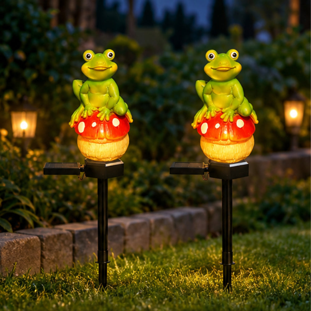 Solar Powered Frog on Mushroom Garden Stakes – Set of 2