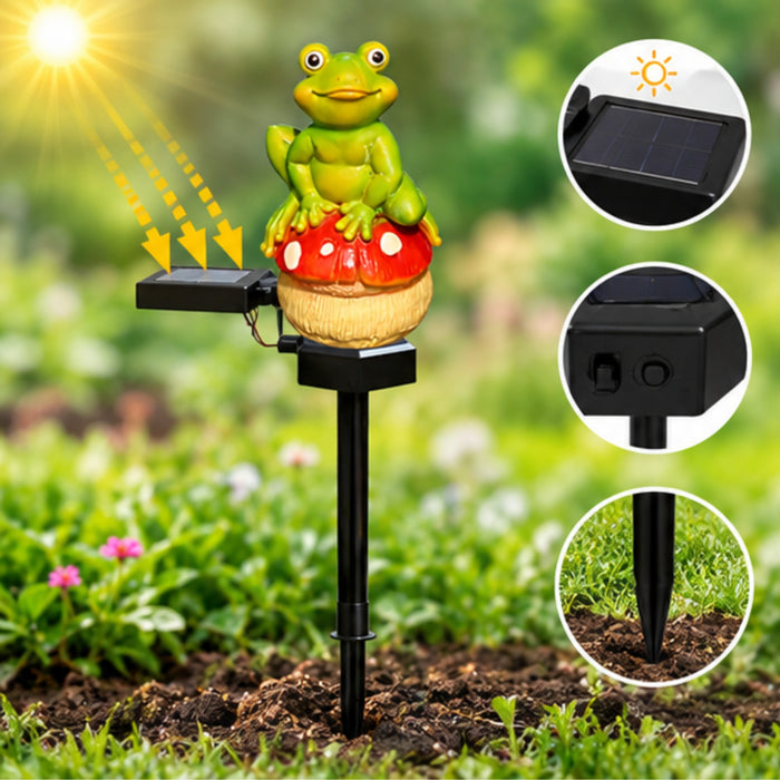 Solar Powered Frog on Mushroom Garden Stakes – Set of 2