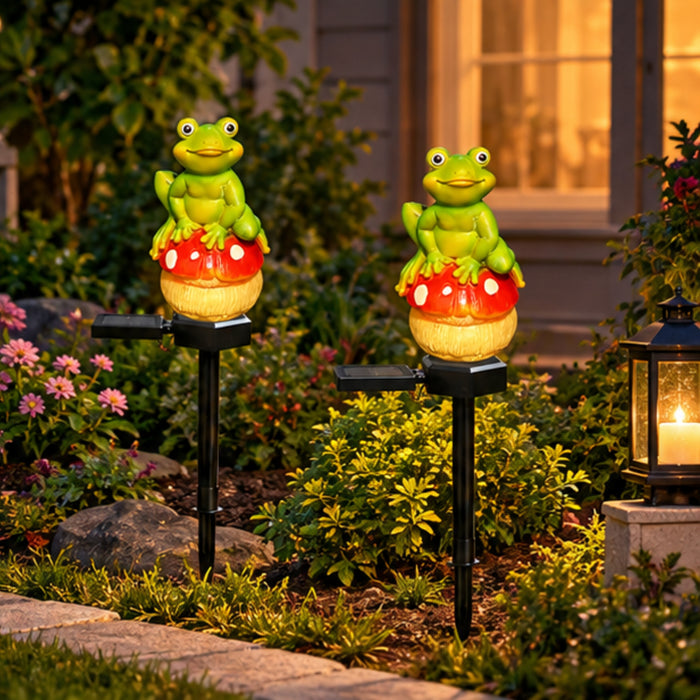 Solar Powered Frog on Mushroom Garden Stakes – Set of 2