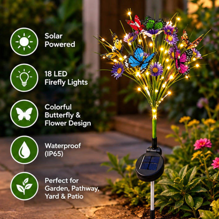 Solar Butterfly Garden Lights - Set of 4 Waterproof Outdoor Decorative Stakes with 18 LED Firefly Lights & Fiber Optic Flowers for Pathway, Yard, and Patio Decor
