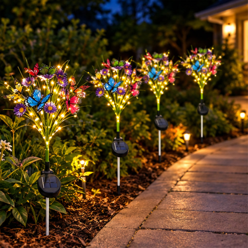 Solar Butterfly Garden Lights - Set of 4 Waterproof Outdoor Decorative Stakes with 18 LED Firefly Lights & Fiber Optic Flowers for Pathway, Yard, and Patio Decor
