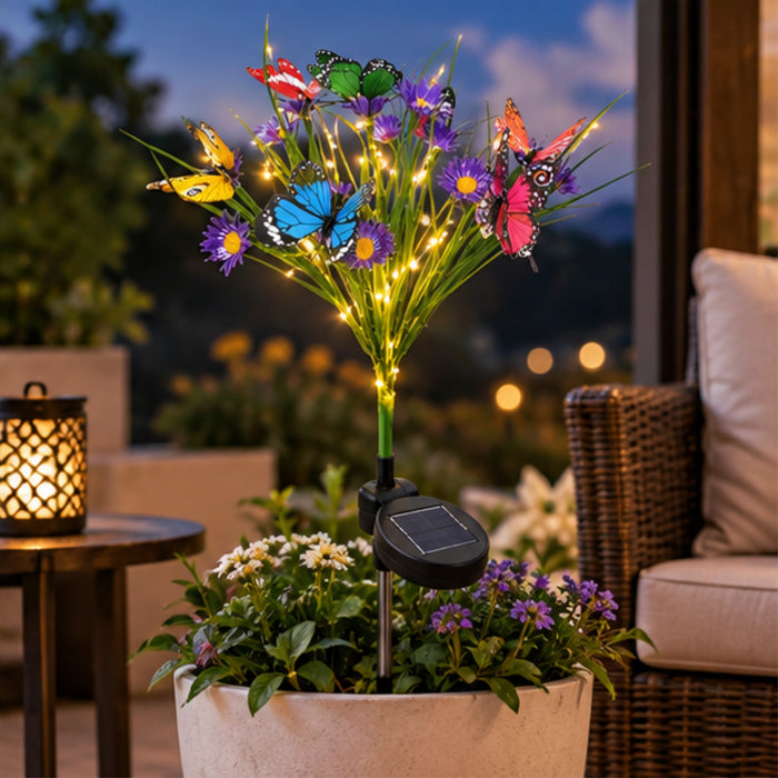 Solar Butterfly Garden Lights - Set of 4 Waterproof Outdoor Decorative Stakes with 18 LED Firefly Lights & Fiber Optic Flowers for Pathway, Yard, and Patio Decor