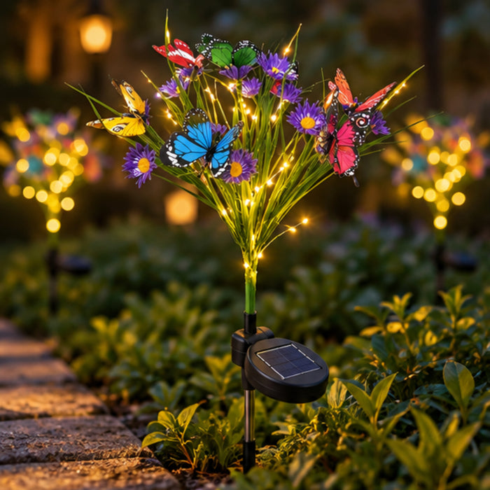 Solar Butterfly Garden Lights - Set of 4 Waterproof Outdoor Decorative Stakes with 18 LED Firefly Lights & Fiber Optic Flowers for Pathway, Yard, and Patio Decor