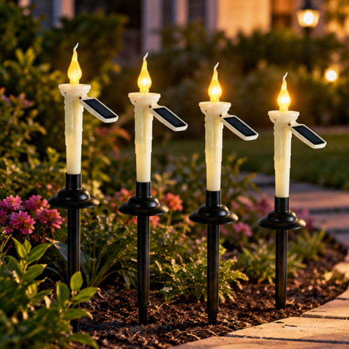 Solar-Powered Flickering Candle Garden Stake Lights (4-Pack) – Waterproof Outdoor Pathway Decor