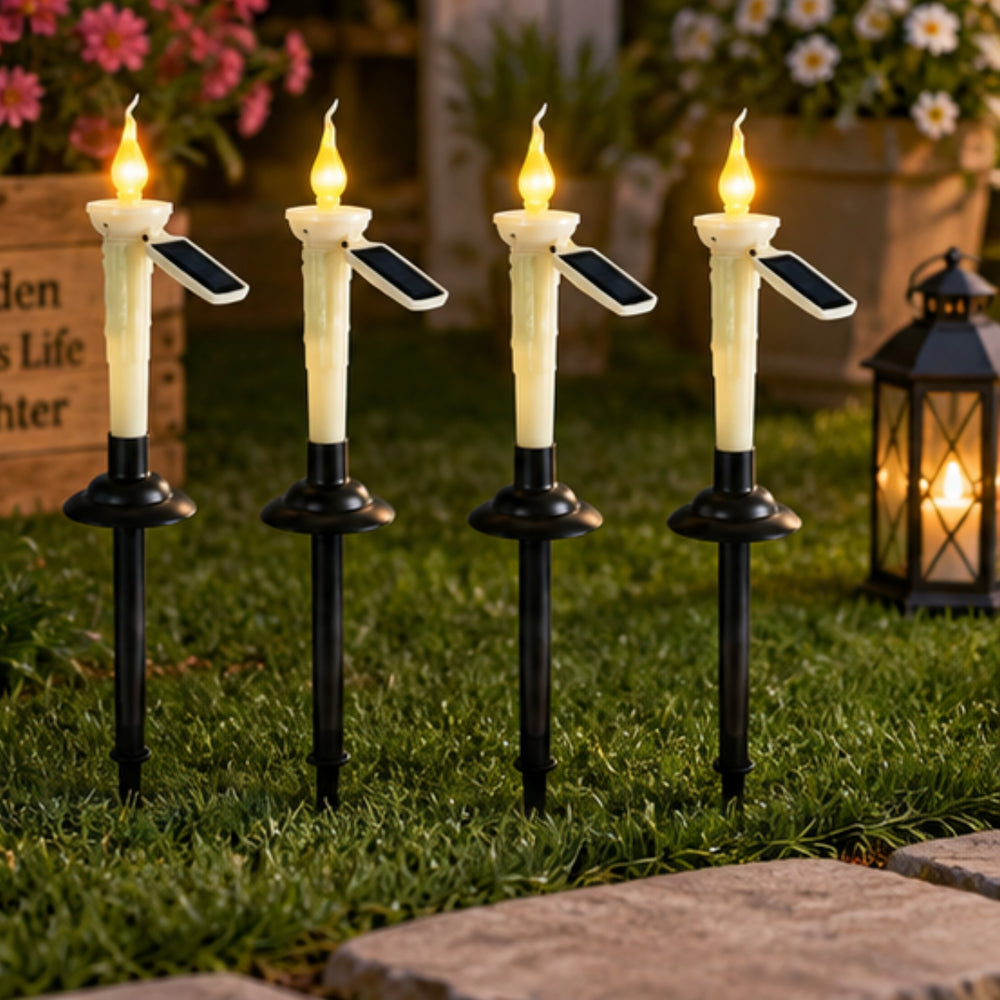Solar-Powered Flickering Candle Garden Stake Lights (4-Pack) – Waterproof Outdoor Pathway Decor