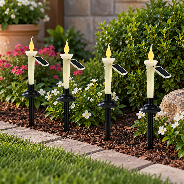 Solar-Powered Flickering Candle Garden Stake Lights (4-Pack) – Waterproof Outdoor Pathway Decor