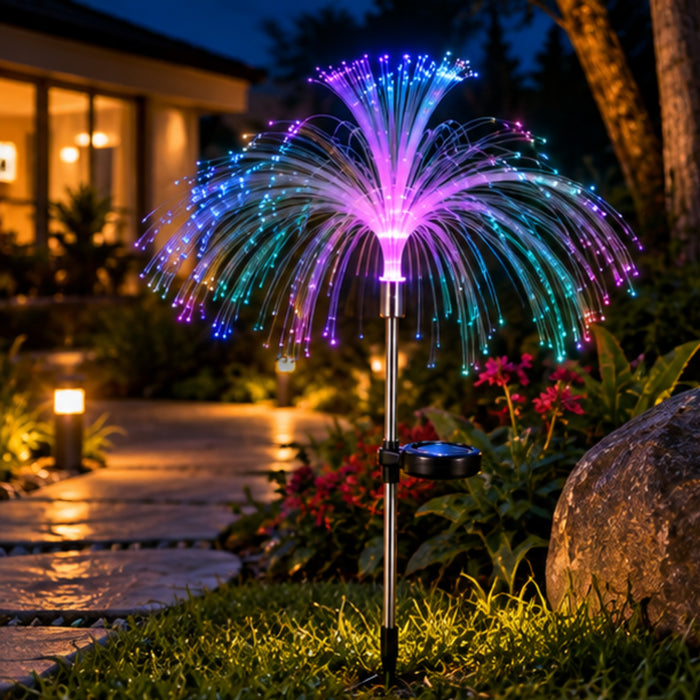 Solar Garden Lights, Double Tier Jellyfish Fiber Optic (Set of 2) – Auto Color Changing Outdoor Stakes