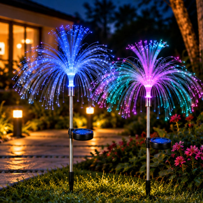 Solar Garden Lights, Double Tier Jellyfish Fiber Optic (Set of 2) – Auto Color Changing Outdoor Stakes