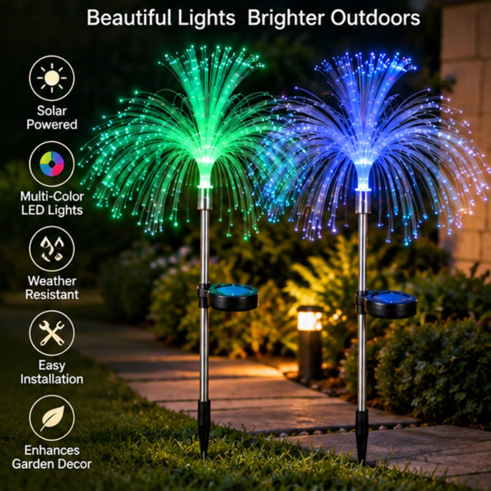Solar Garden Lights, Double Tier Jellyfish Fiber Optic (Set of 2) – Auto Color Changing Outdoor Stakes