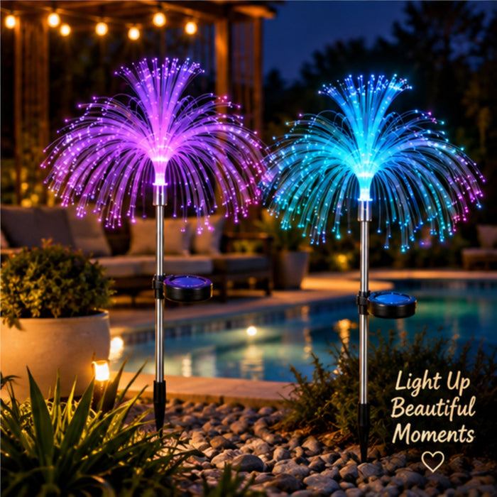 Solar Garden Lights, Double Tier Jellyfish Fiber Optic (Set of 2) – Auto Color Changing Outdoor Stakes