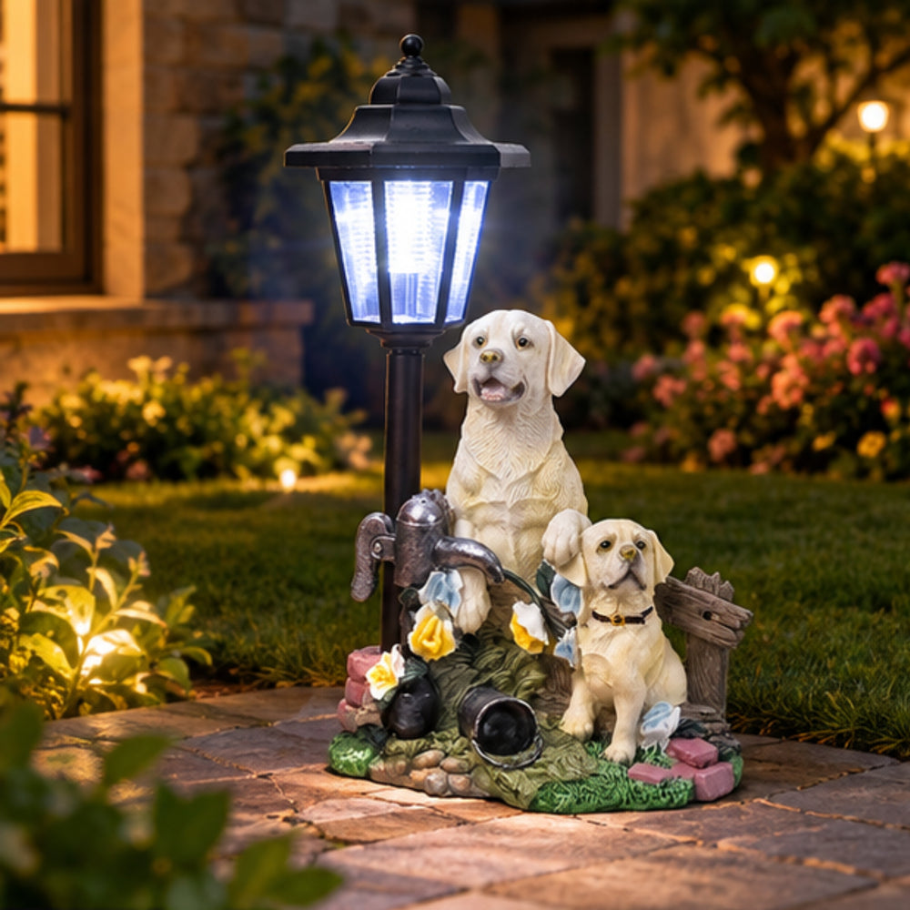 Solar Powered Golden Retriever Garden Statue Lamp Post Solar Light