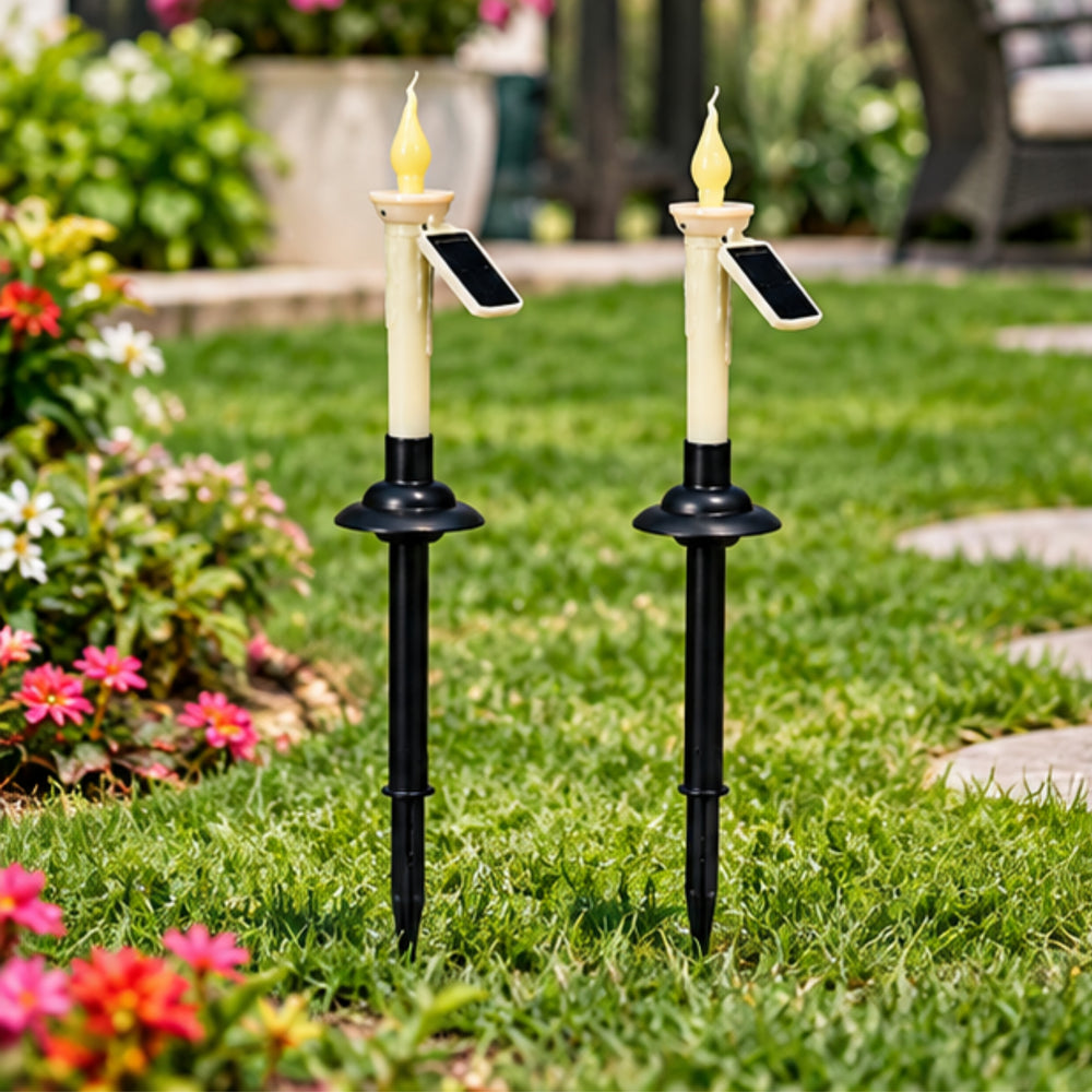 Solar-Powered Flame Candle Garden Stakes (Set of 2) – LED Outdoor Pathway & Landscape Lighting