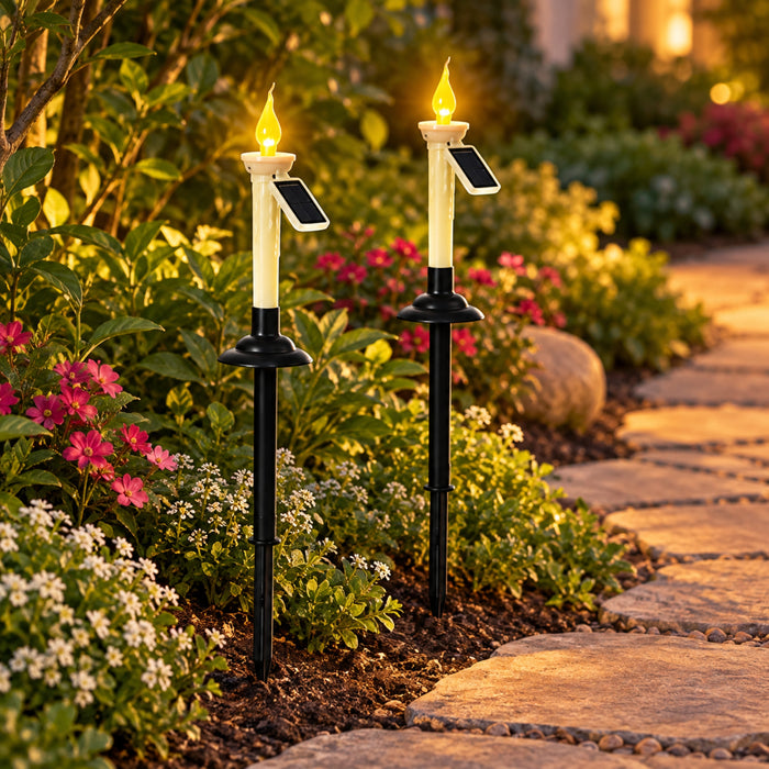 Solar-Powered Flame Candle Garden Stakes (Set of 2) – LED Outdoor Pathway & Landscape Lighting