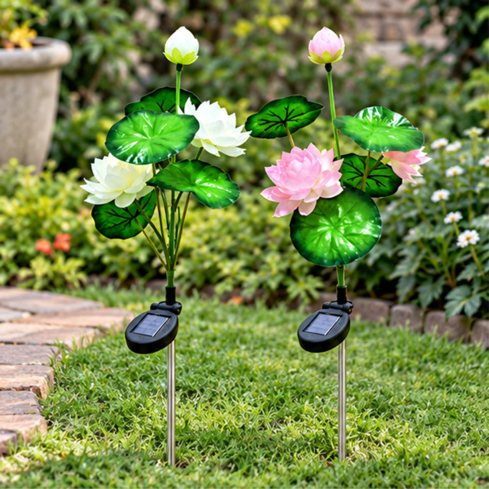 Solar Lotus Flower Garden Stakes (2-Pack) – Waterproof Outdoor Decorative LED Lights, White and Pink