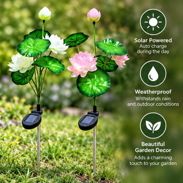 Solar Lotus Flower Garden Stakes (2-Pack) – Waterproof Outdoor Decorative LED Lights, White and Pink