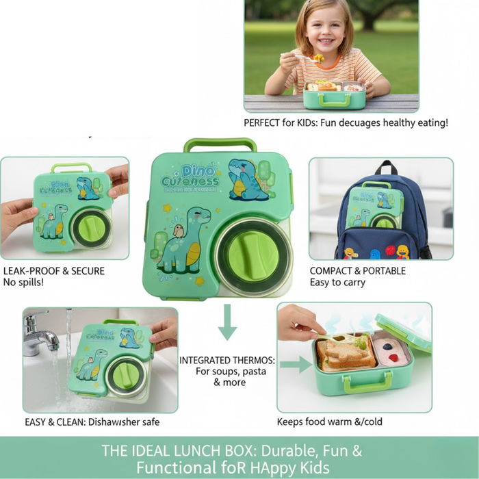 Kids- 850 ml SS Lunch box- 304 Stainless Steel Dino Cutness tiffin Box (price per pc)|Leak-Proof Tiffin Box for Kids | Premium School and Picnic Lunch Box- 8x9x2 inch