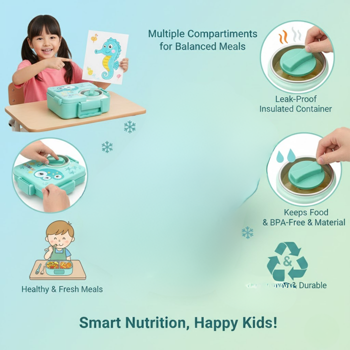 Kids- 850 ml SS Lunch box- 304 Stainless Steel Sea Horse tiffin Box (price per pc)|Leak-Proof Tiffin Box for Kids | Premium School and Picnic Lunch Box- 8x9x2 inch
