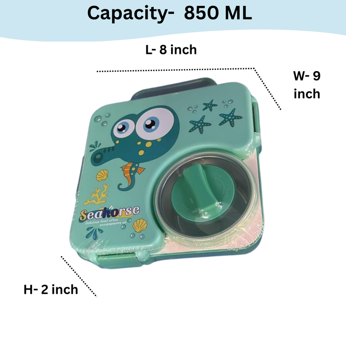 Kids- 850 ml SS Lunch box- 304 Stainless Steel Sea Horse tiffin Box (price per pc)|Leak-Proof Tiffin Box for Kids | Premium School and Picnic Lunch Box- 8x9x2 inch