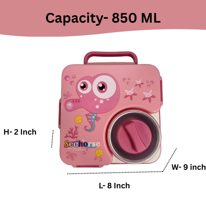 Kids- 850 ml SS Lunch box- 304 Stainless Steel Sea Horse tiffin Box (price per pc)|Leak-Proof Tiffin Box for Kids | Premium School and Picnic Lunch Box- 8x9x2 inch