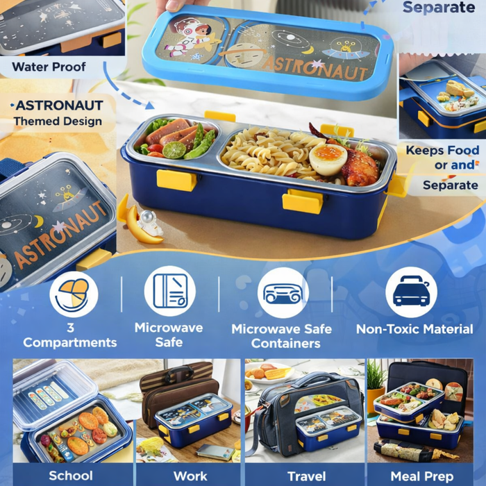 Kids- 600 ml Lunch Box 304 ss Stainless Steel Astronaut Design Tiffin Box (price per pc)|Leak-Proof Tiffin Box for Kids | Premium School and Picnic Lunch Box- 11x4.5x3 inch