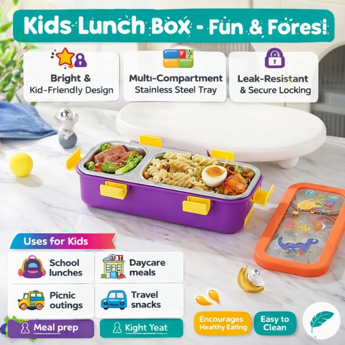 Kids- 600 ml Lunch Box 304 ss Stainless Steel Dinosaur Design Tiffin Box (price per pc)- 11X4.5X3 INCH