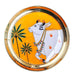 Decorative platter with Pichwai style white cow (Kamadhenu/Nandi) painting on an orange background with palm trees.