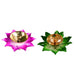 two colorful lotus-shaped floating diyas, featuring a pink and a green base with brass diyas in the center."