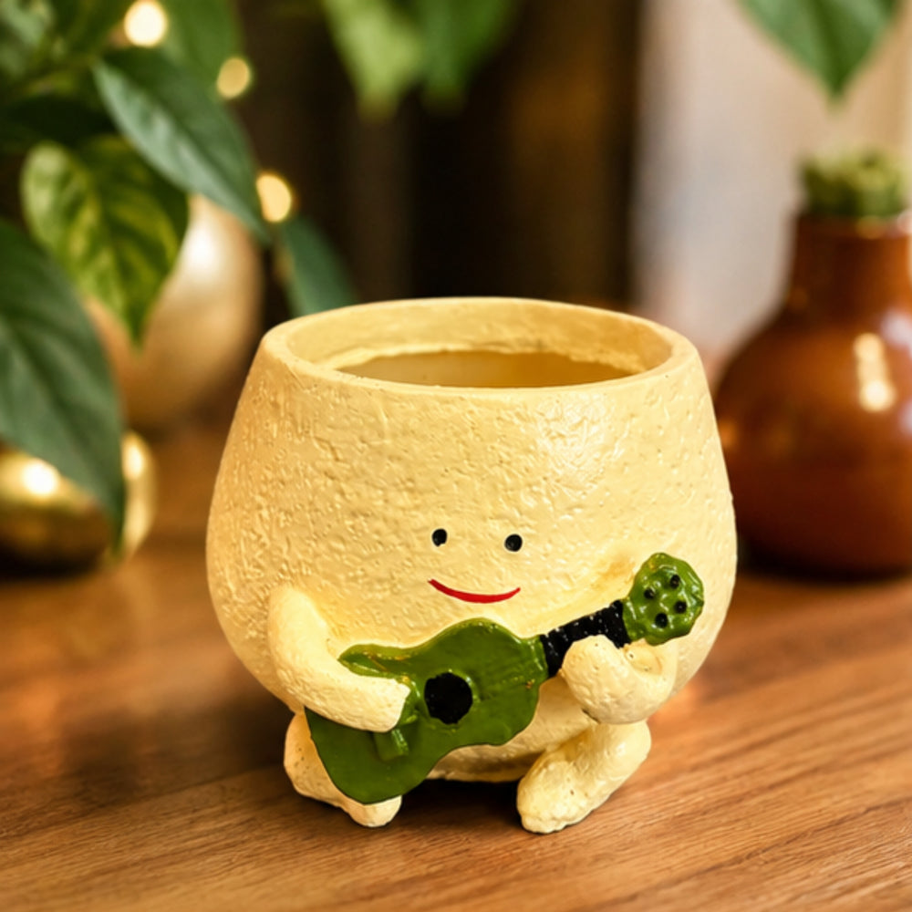 Musical Character Planter – Yellow Pot with Green Guitar
