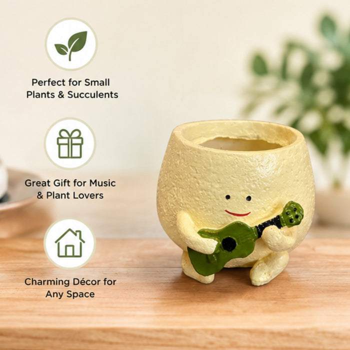 Musical Character Planter – Yellow Pot with Green Guitar