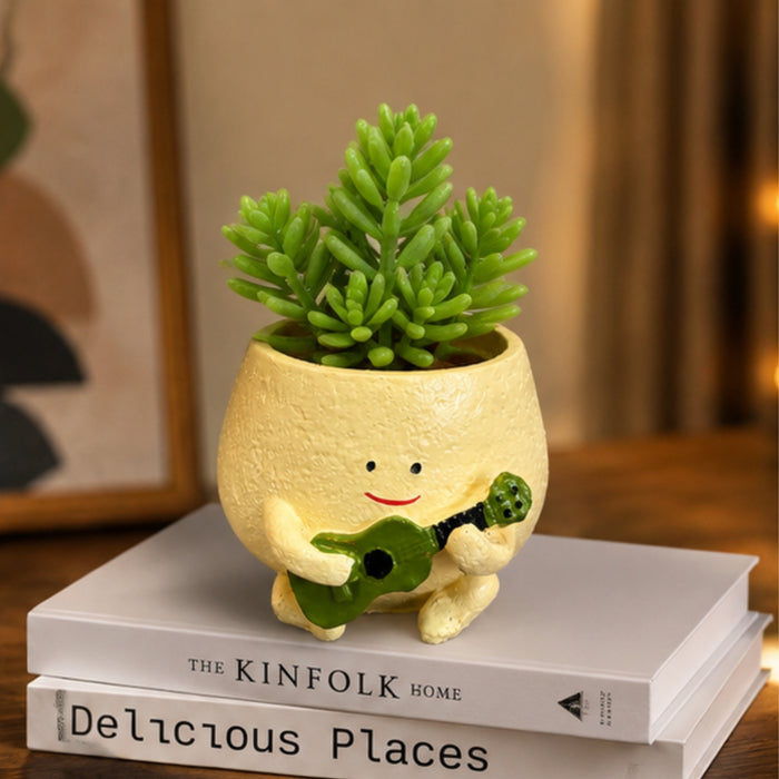 Musical Character Planter – Yellow Pot with Green Guitar
