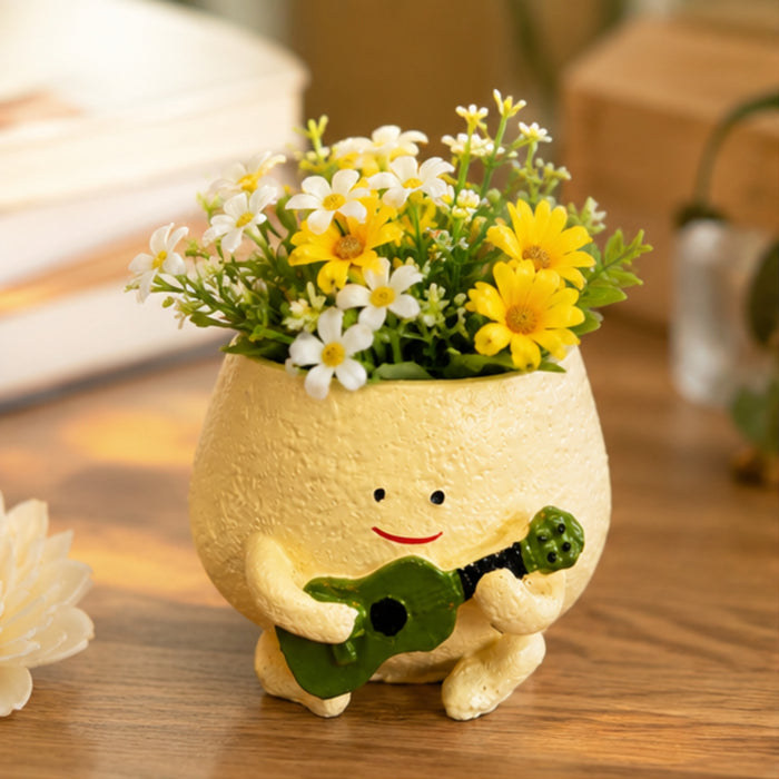 Musical Character Planter – Yellow Pot with Green Guitar