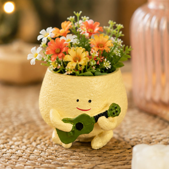 Musical Character Planter – Yellow Pot with Green Guitar