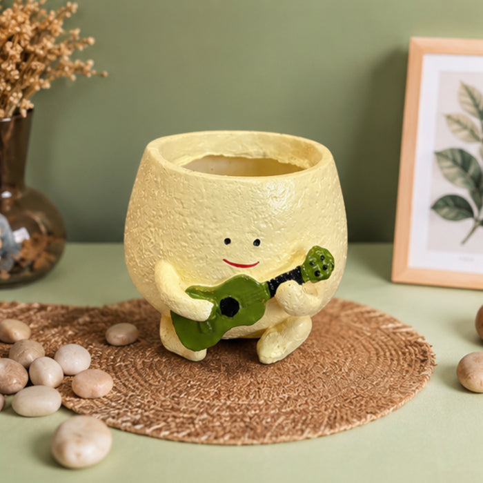 Musical Character Planter – Yellow Pot with Green Guitar