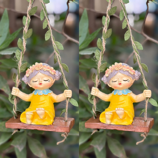 Two side-by-side images of a whimsical garden fairy figurine in a yellow dress and flower crown, sitting on a wooden swing hanging from leafy twine against a blurred green background.