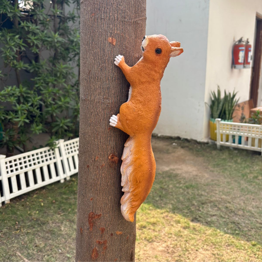 Hanging squirrel stuffed animal with lifelike fur and white paws, designed to decorate trees or porch pillars.