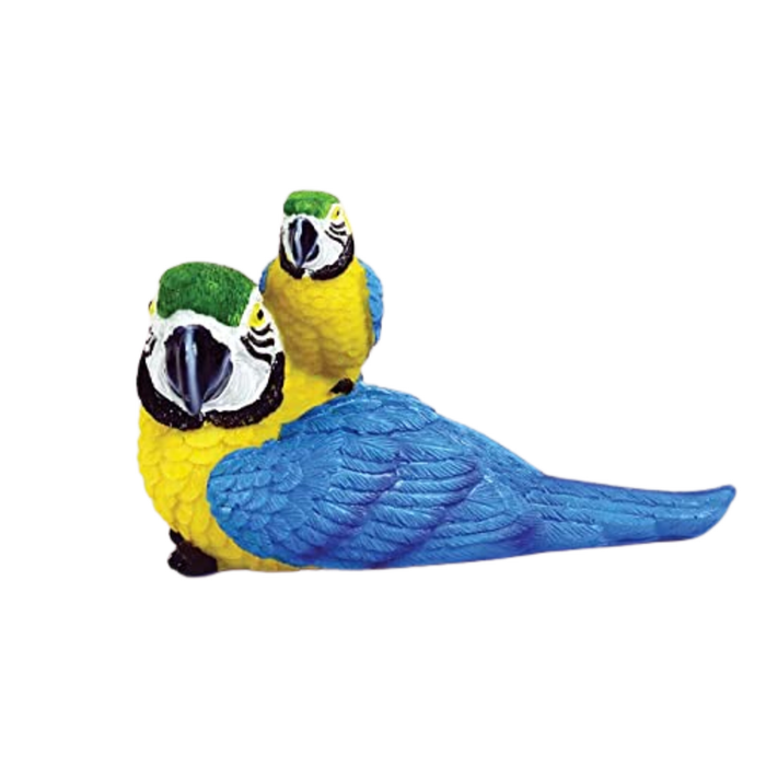 A pixelated, cartoon Blue and Gold Macaw parrot in a horizontal "party parrot" pose, featuring a yellow face and blue body.