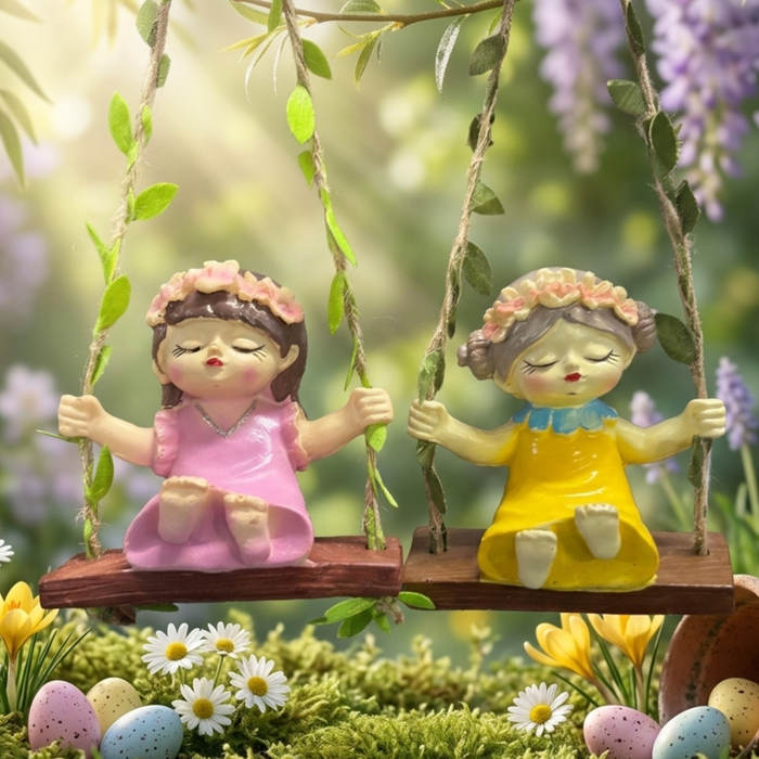 Two hand-painted miniature fairy girls in pink and yellow dresses sitting on wooden swings with green vine-covered ropes, hanging against a blurred garden shop background.