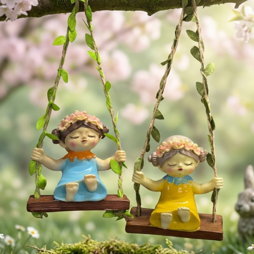 A pair of miniature garden fairy figurines in blue and yellow dresses, sitting on wooden swings with artificial leaf-wrapped twine, held up against a colorful garden center background.
