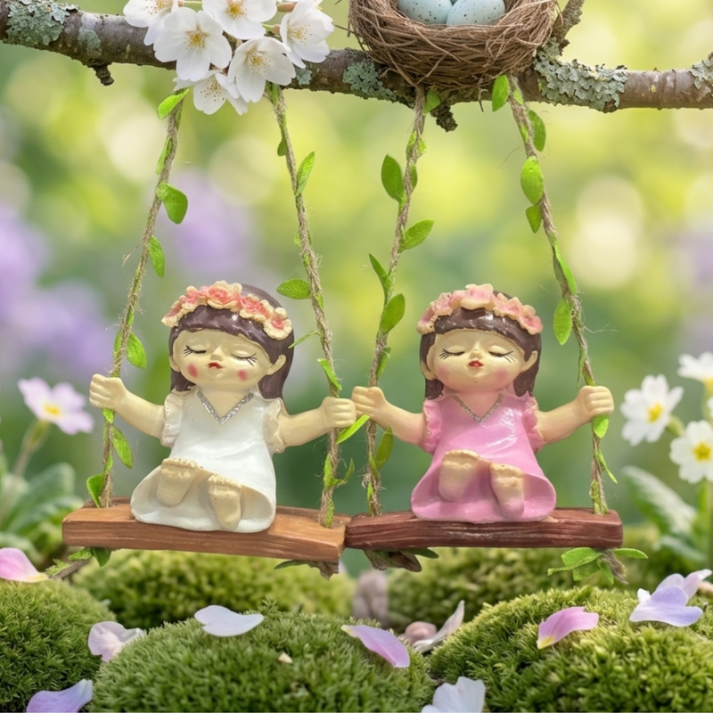 Garden Fairy Duo –Mini Hanging Girl Figurines on Swings- White&Pink-3.5x2.1x3.6inch