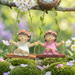 A whimsical resin figurine of a small girl with a pink flower crown and white dress sitting on a wooden swing suspended by twine ropes with green leaf accents.